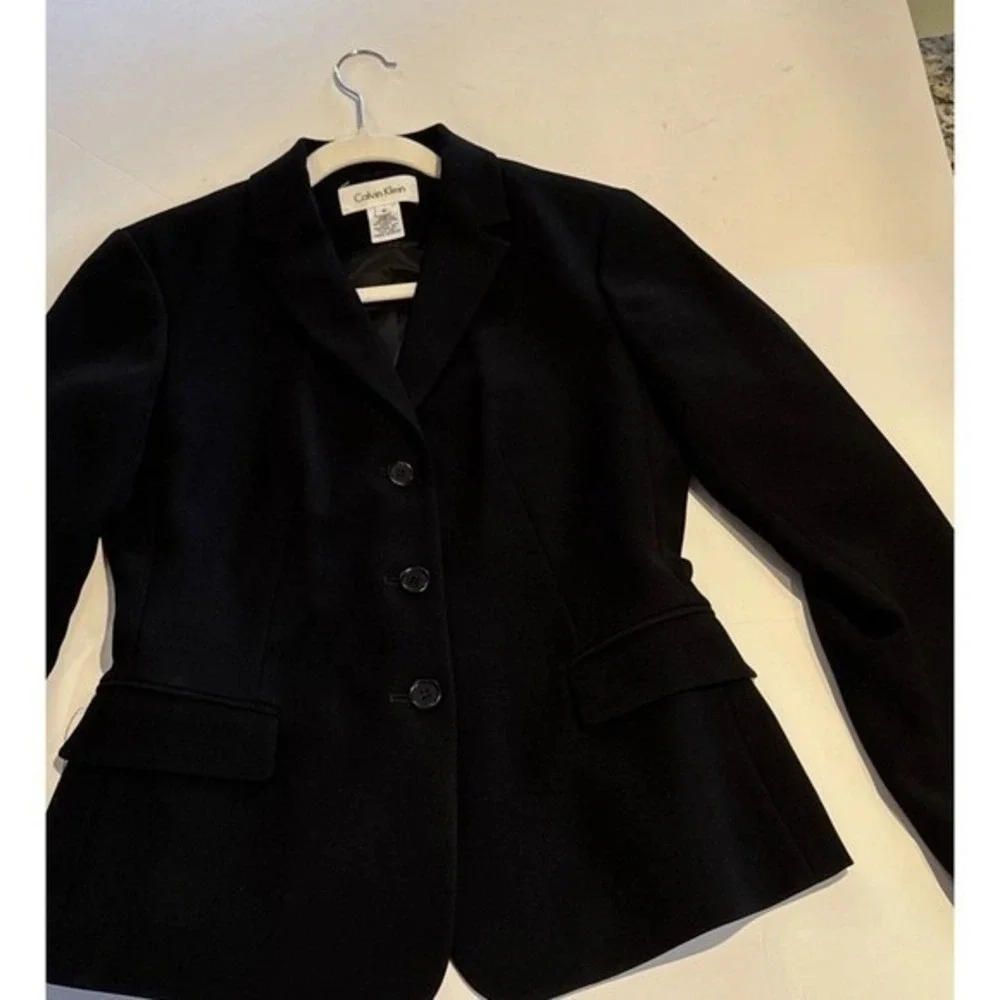 Calvin Klein Womens Black 3Button Tailored Blazer Jacket Size 4 Triacetate Blend